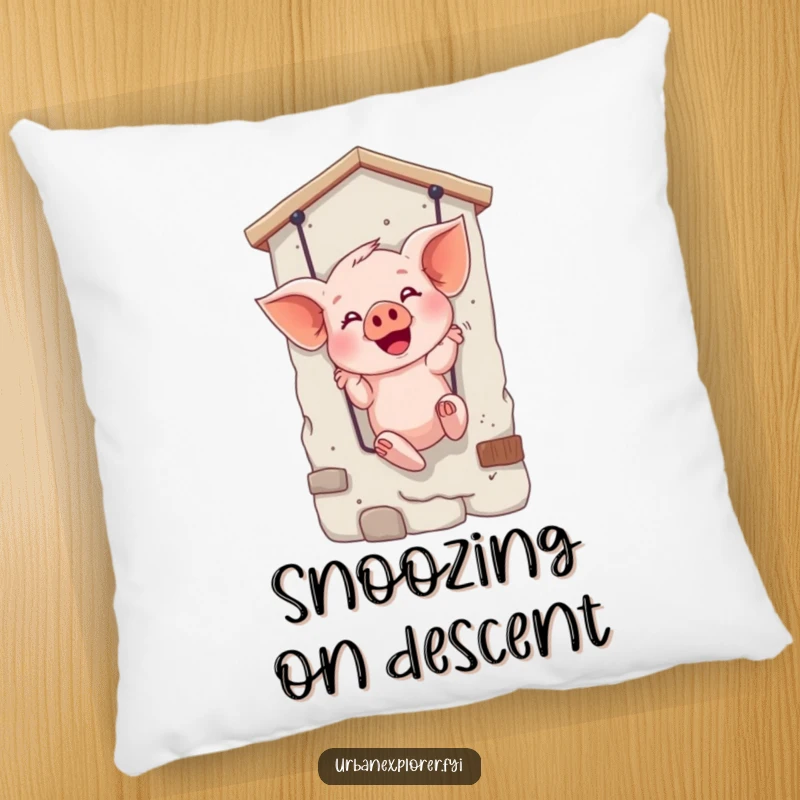 Funny pillow showcasing a giggling piglet mid-rappel, offering a cute and humorous touch to any seating area.