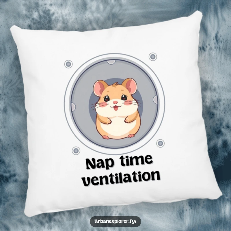 Funny, cheerful hamster peeking from a ventilation shaft, on a soft, decorative pillow.
