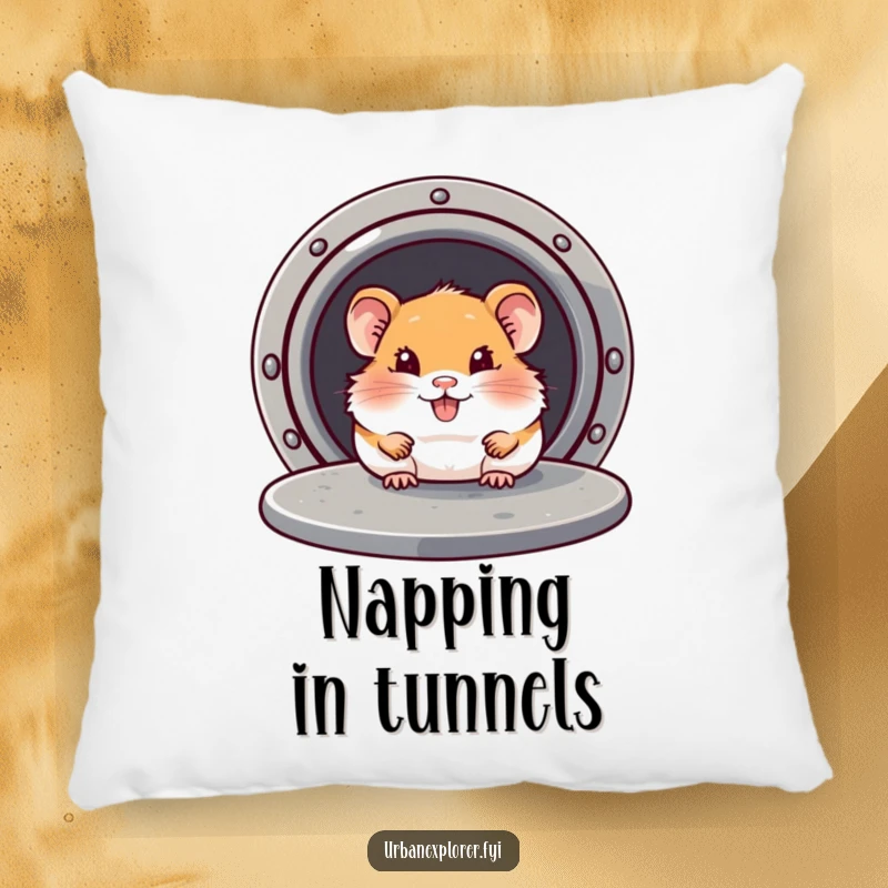 Funny Hamster Pillow: Hamster peeking from under a manhole cover, symbolizing hidden secrets and adding humor to decorative spaces.