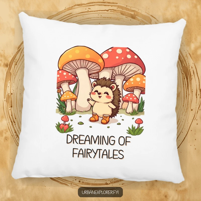 Funny Pillow: A happy hedgehog wearing tiny boots excitedly explores giant, colorful mushrooms, offering cozy charm.