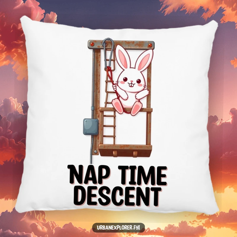 Funny Kawaii Bunny Pillow, cute bunny rappelling down a rusty fire escape, soft and decorative cushion, wonderful funny gift.