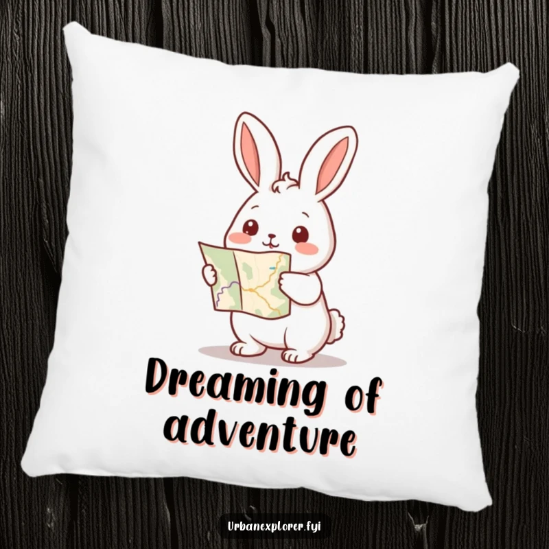 Funny Kawaii rabbit pillow featuring a rabbit holding a map and pointing forward, bringing cozy adventure vibes.