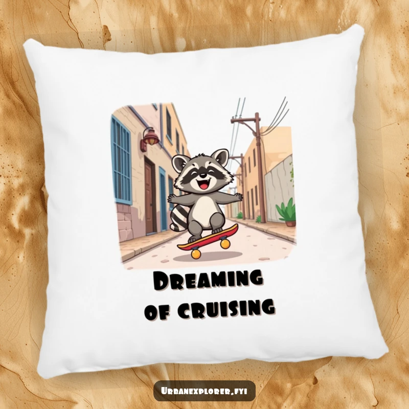 Funny Pillow: Soft decorative cushion featuring a joyful Kawaii raccoon riding a skateboard down a deserted alley.