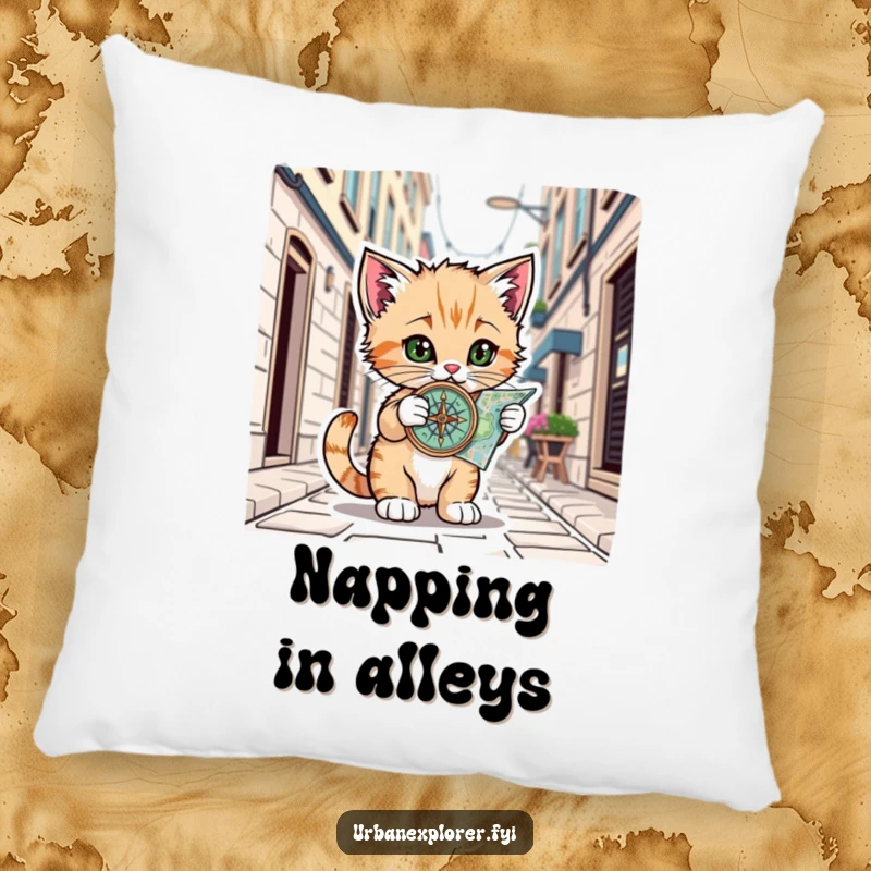 Funny Kitten Explorer Pillow: Soft cushion with a kitten using a compass on a city map, bringing urban humor, funny gift.