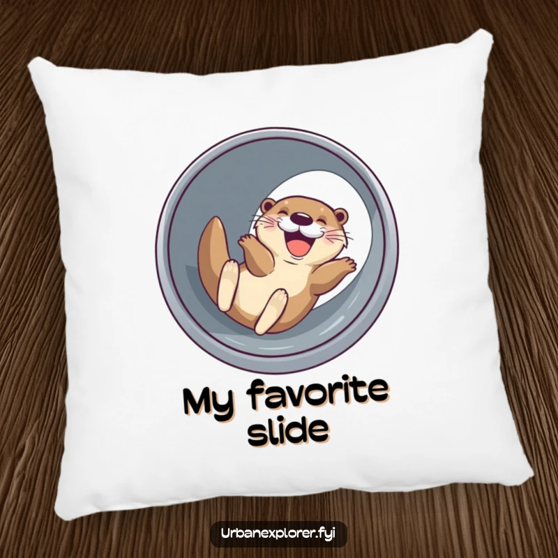 Funny joyful otter with a wide grin, sliding down a drainage pipe, a humorous and cozy accent pillow.