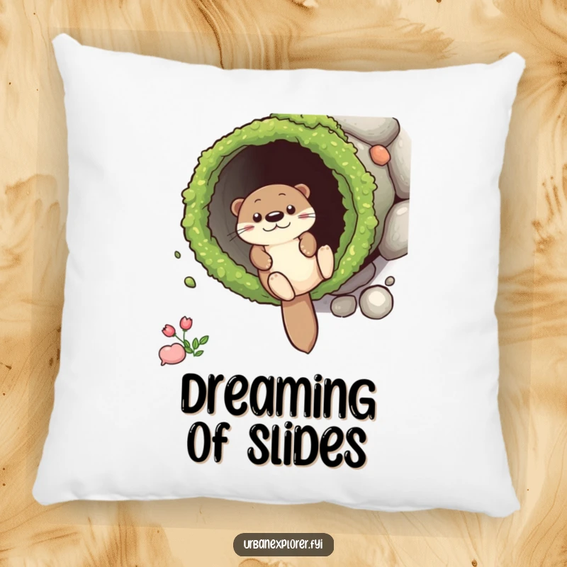 Funny Pillow featuring an adorable otter character sliding down a mossy drainpipe, offering comfort and a dose of playful charm to any seating.