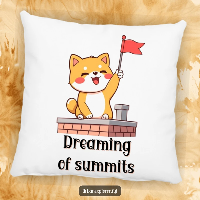 Funny Shiba Inu pillow featuring a delighted dog triumphantly planting a flag on a rooftop, bringing cozy cheer.