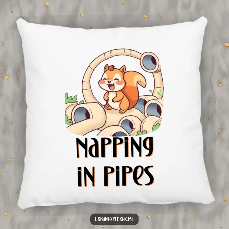Funny pillow illustration of a joyful squirrel navigating a maze of tiny pipes, providing a humorous and cozy decorative accent.