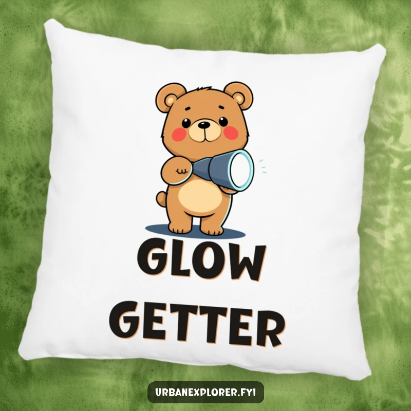 Funny Chibi bear holding a flashlight in the dark, printed on a soft pillow, perfect for cuddling and adding humor.