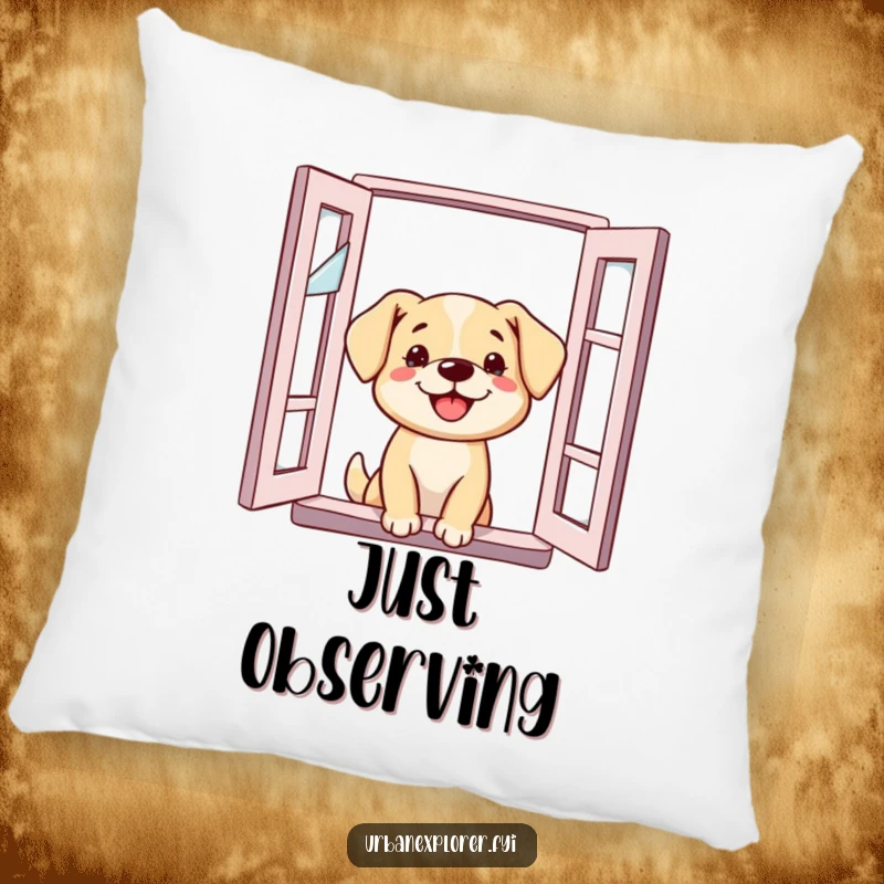 Funny Dog Pillow: Dog’s head emerging from a broken window, symbolizing curiosity and a playful outlook, perfect for cozy spaces.