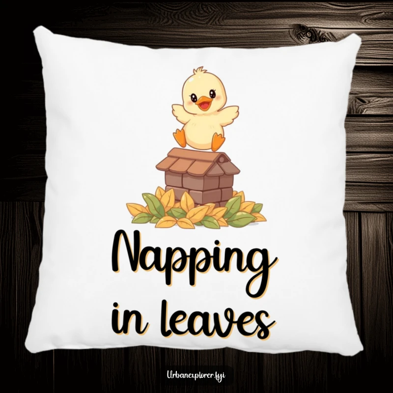 Funny pillow depicting a smiling duckling leaping from a rooftop onto leaves, adding comfort and humor to any room.