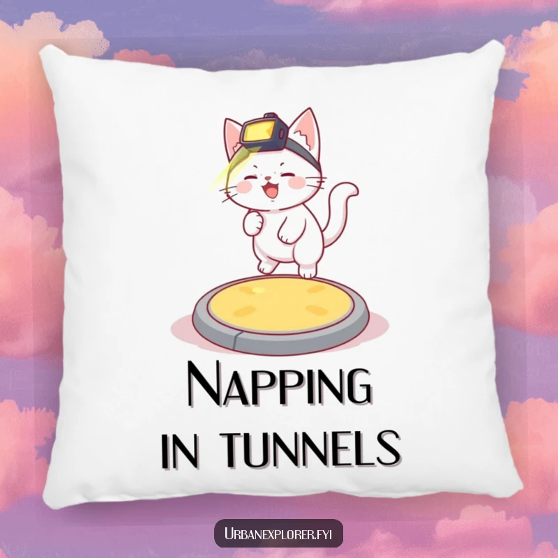 Funny giggling white kitten with a headlamp bouncing on a manhole cover, designed for comfort on a decorative pillow.