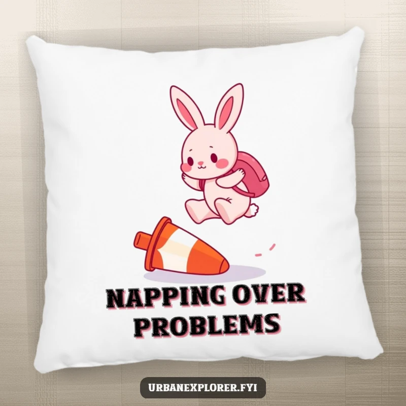 Funny pillow with a determined pink bunny wearing a backpack, jumping over an upside-down traffic cone.
