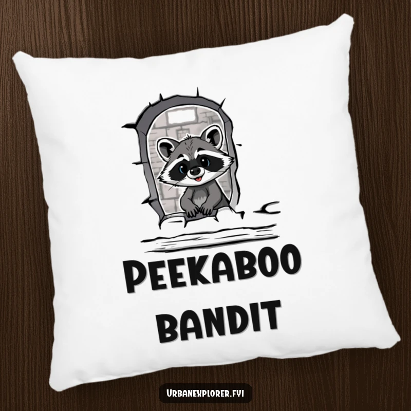 Funny raccoon peeking through a broken warehouse window, resting on a pillow, adding cozy humor.