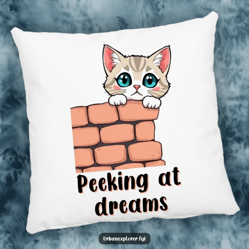 Funny curious cat peering over a brick wall on a soft and humorous pillow, perfect for cozy contemplation.