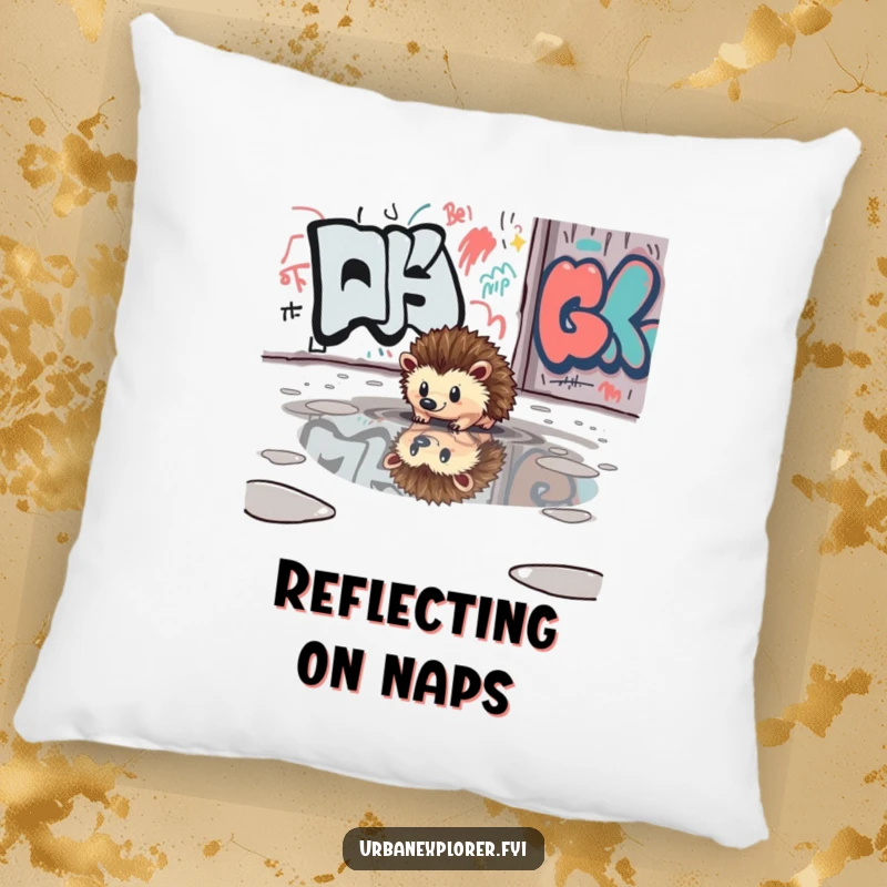 Funny pillow featuring a curious hedgehog reflected in a puddle near a graffiti-covered wall, offering comfort and style.