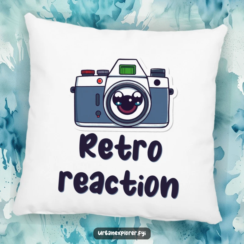 Funny retro camera with surprised cartoon eyes on a soft pillow, perfect for adding vintage charm and humor to any room.