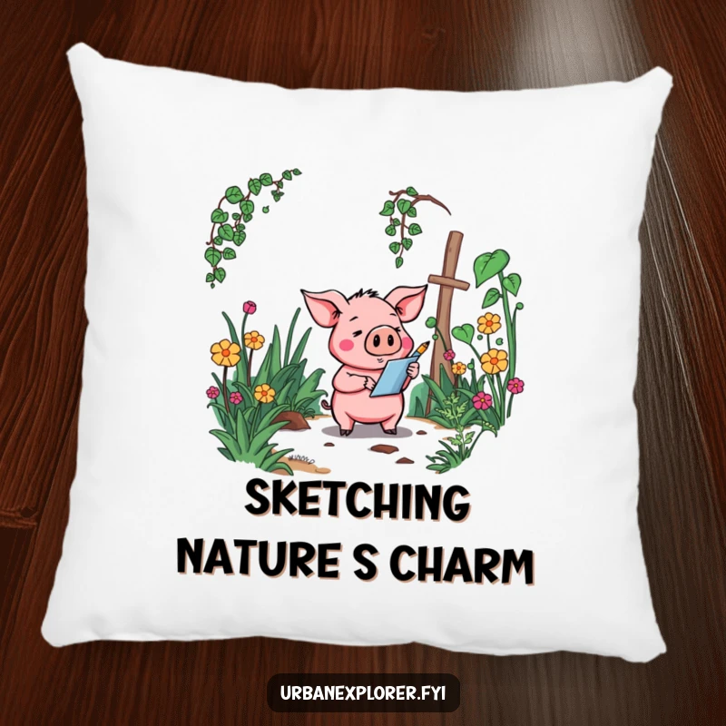 Funny Pig Pillow: A goofy cartoon pig nestled in an overgrown, forgotten garden, offering soft, humorous comfort.