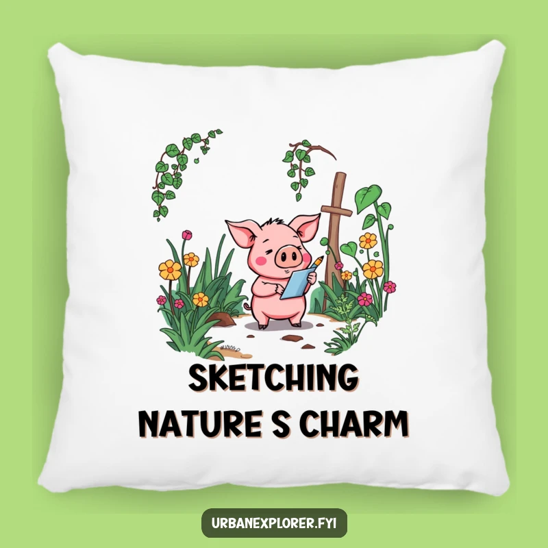 Funny Pig Pillow: Garden Sketch Comfort, a Whimsical Humorous Gift