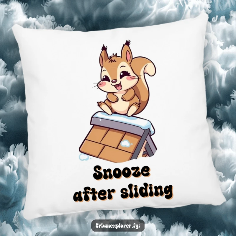 Funny Kawaii Squirrel Pillow: A cute squirrel slides down a slippery rooftop with a determined grin, adding humorous comfort to any room.