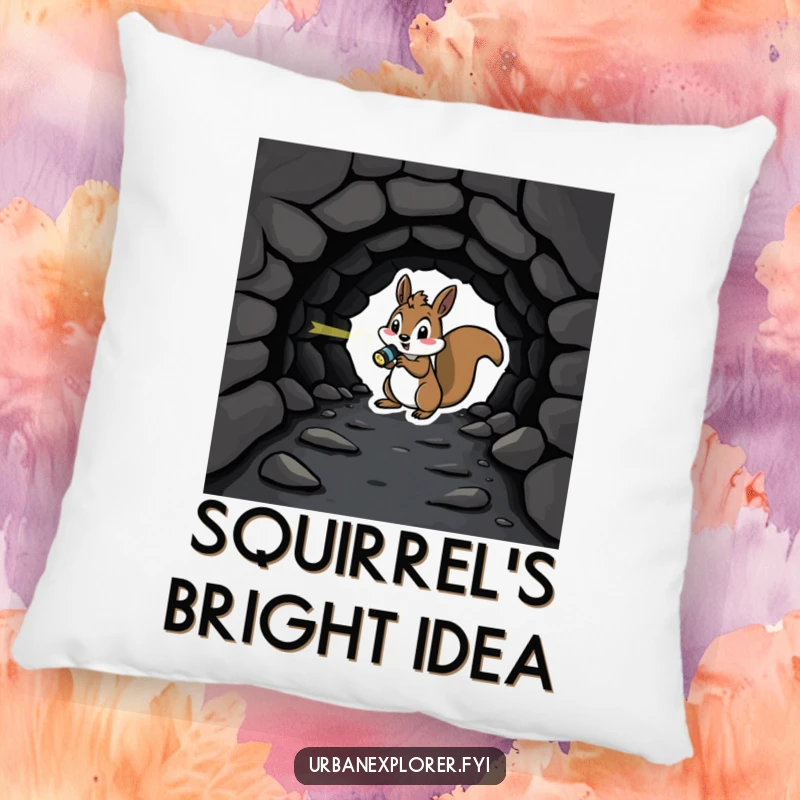Playful squirrel with a flashlight investigating a dark tunnel, resting on a pillow, adding cozy humor.