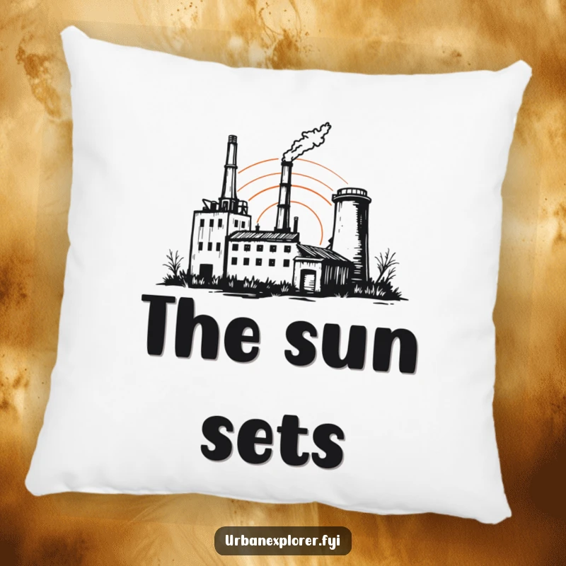 Funny factory pillow, abandoned sunset sketch, soft cushion, atmospheric decor, humorous gift for decorator.