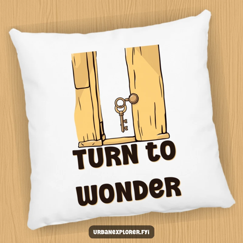 Funny whimsical key and creaky, old door depicted on a soft pillow, perfect for adding comfort and humor to any room.