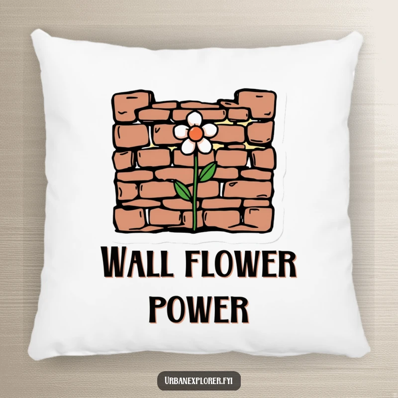 Funny minimalist drawing of crumbling brickwork with a flower on a soft pillow, perfect for adding gentle humor and hope.