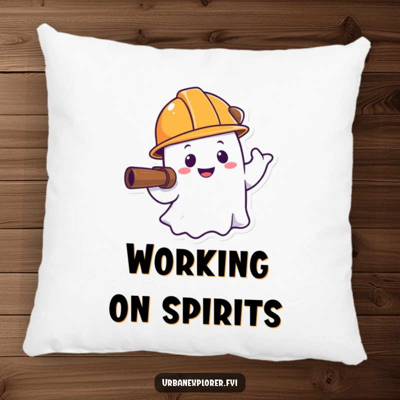 Funny ghost pillow, smiling hard hat, soft cushion, cartoon character decor, humorous gift for spooky fan.