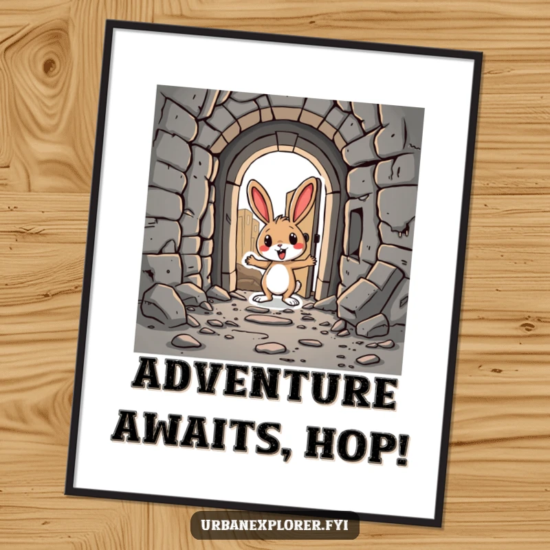 Funny Rabbit Digital Art Print: A silly cartoon rabbit discovering a hidden doorway in an abandoned city, rendered in high-resolution digital art.