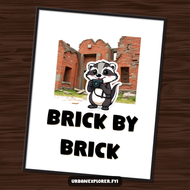 Comical badger holding a camera in front of a crumbling brick building, captured in a high-quality, humorous digital art print.