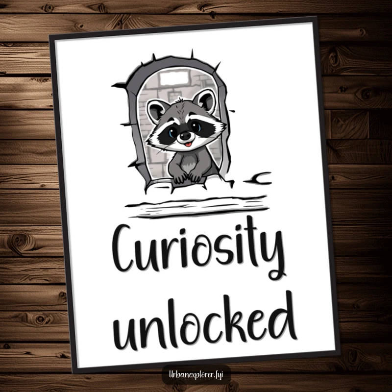 Funny raccoon peering through a broken warehouse window, captured in a high-quality, humorous digital art print.