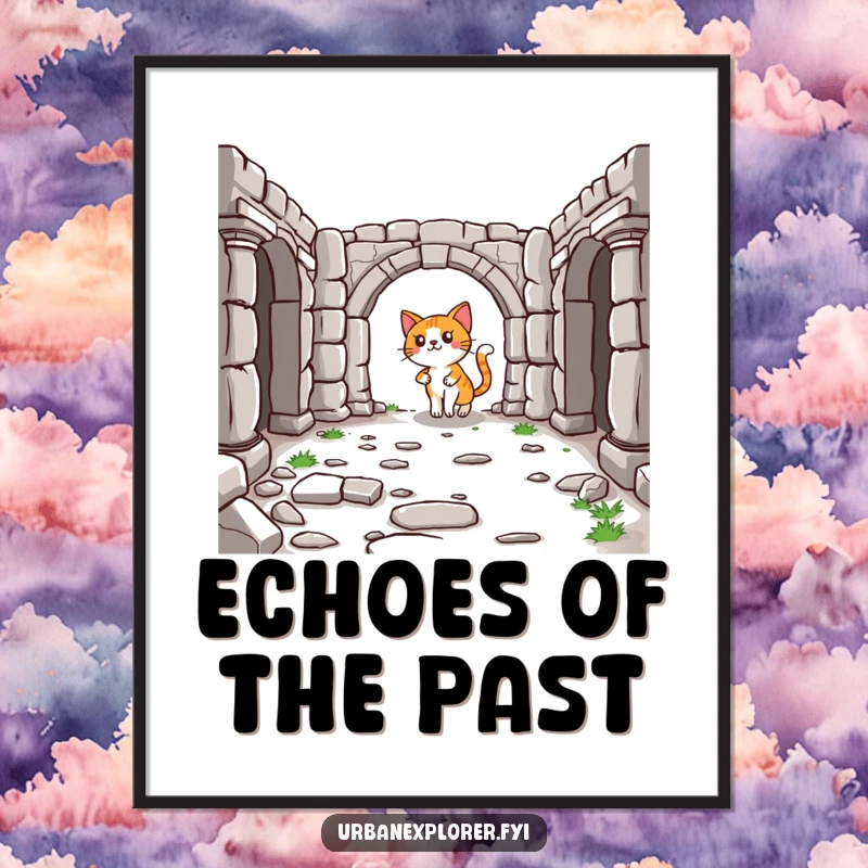 Funny Cat Digital Art Print: A lighthearted cartoon cat navigating the ruins of a historical place, rendered in high-resolution digital art.