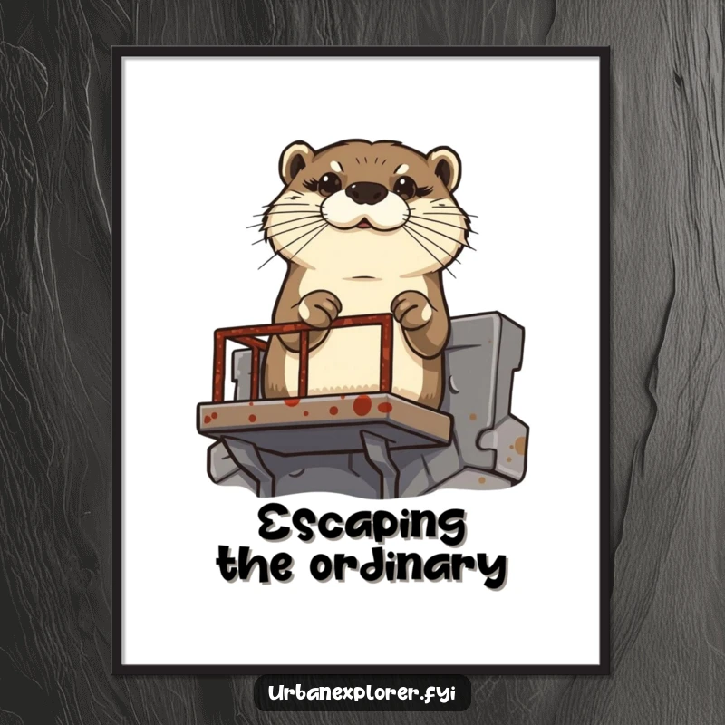 Funny determined otter climbing a rusty fire escape, as a downloadable digital art print.
