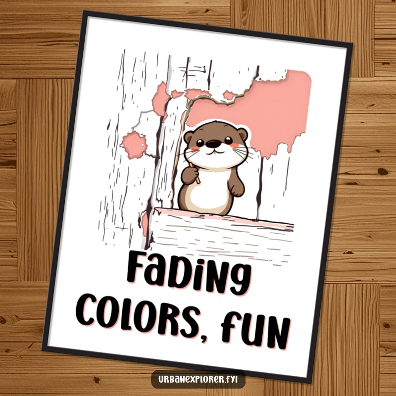 Funny Otter Digital Art Print: A cute cartoon otter documenting peeling paint on a vintage structure, rendered in high-resolution digital art.