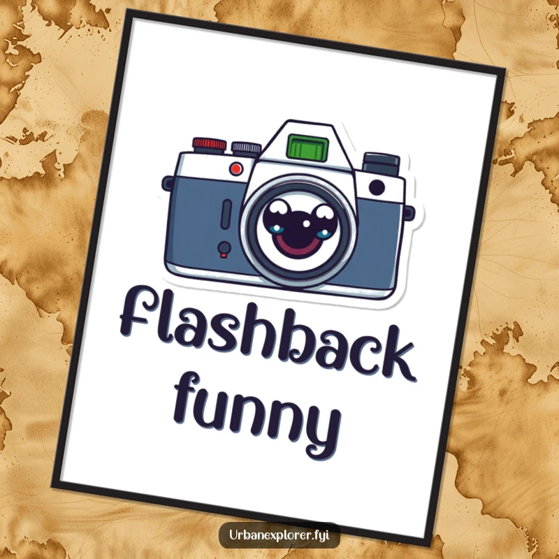 Funny retro camera with surprised cartoon eyes, available as a digital art print for immediate vintage and humorous decor.