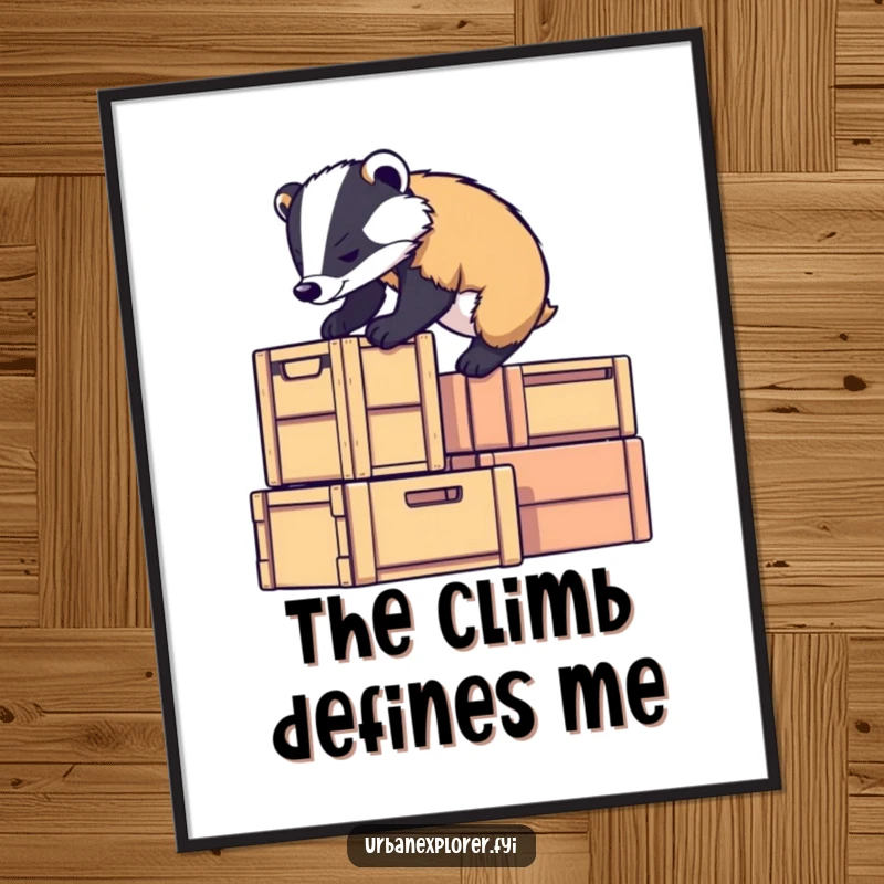 Funny badger character determinedly climbing stacked crates, an instant funny art download for motivational wall decor.