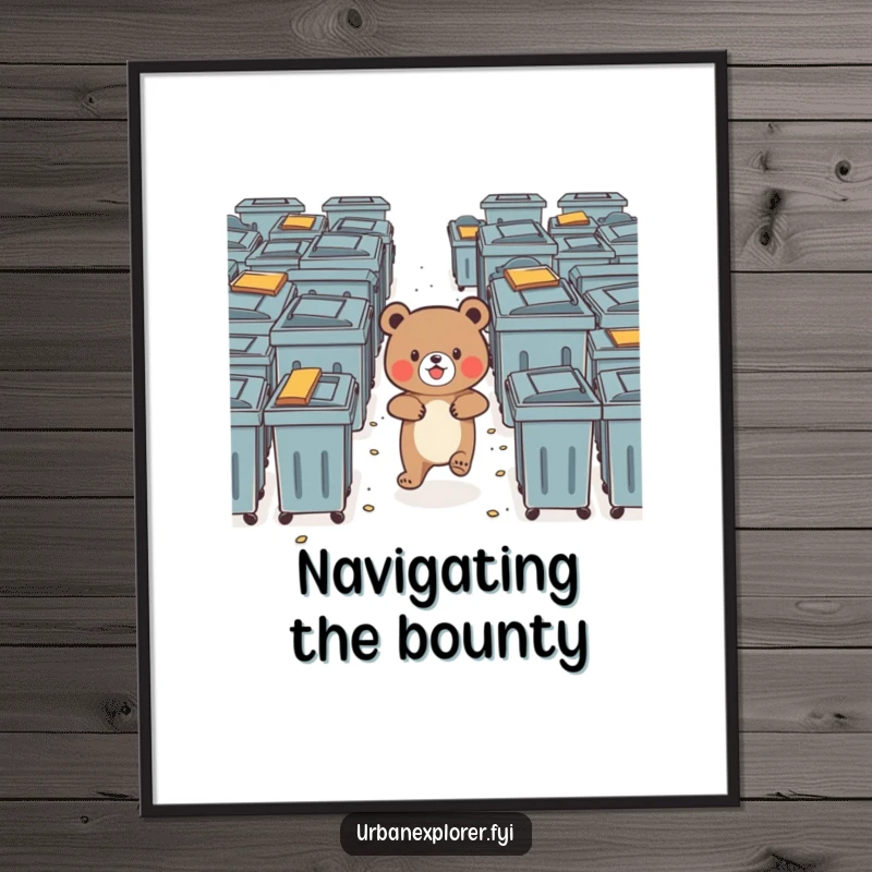 Funny bear bravely navigating a maze of dumpsters with delight, as a digital art print.