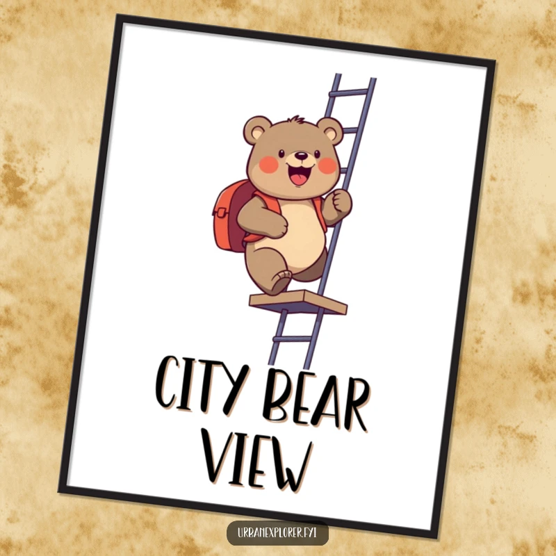 Funny digital art print of a gleeful bear carrying a backpack, climbing a fire escape, offering a whimsical and humorous wall decoration.