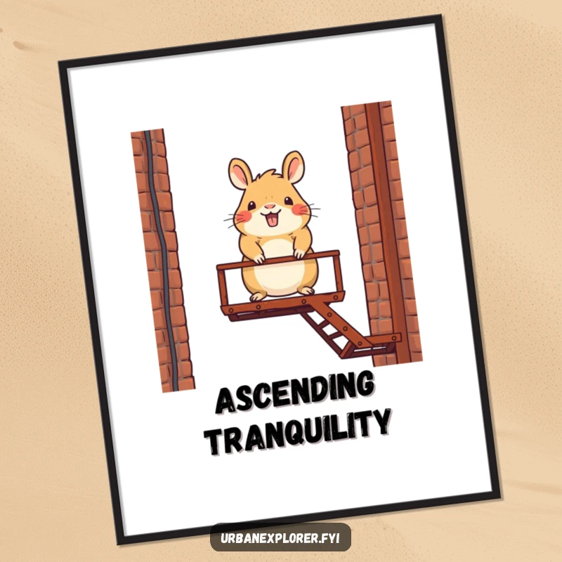 Funny digital art print of a happy capybara character balancing on a rusty fire escape, perfect for unique decor.