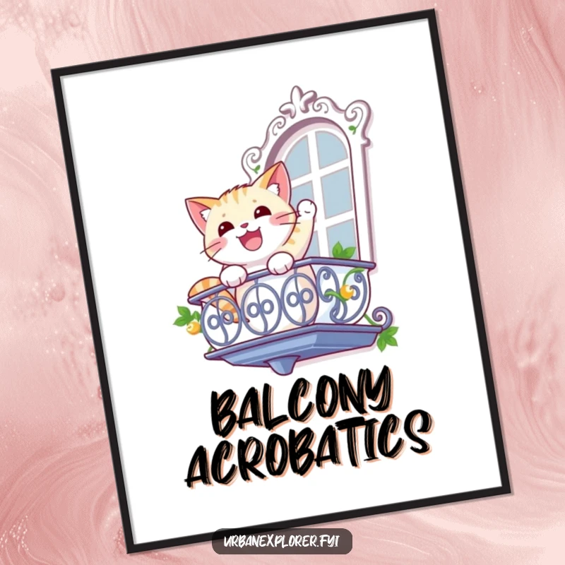 Funny cat digital art print of a gleeful cat rappelling down a balcony with determination, capturing a moment of heroic humor.