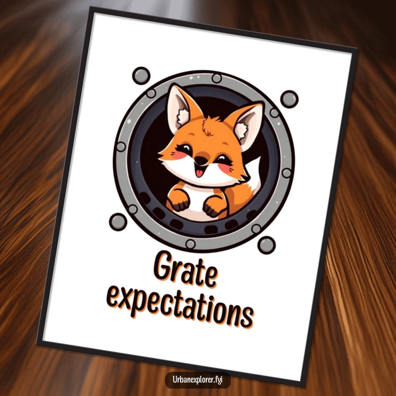 Funny mischievous fox with a playful grin peeking from a sewer grate, as a downloadable digital art print.