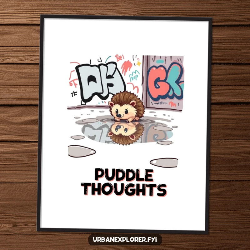 Funny digital art of a curious hedgehog reflected in a puddle near a graffiti-covered wall, ready to print.