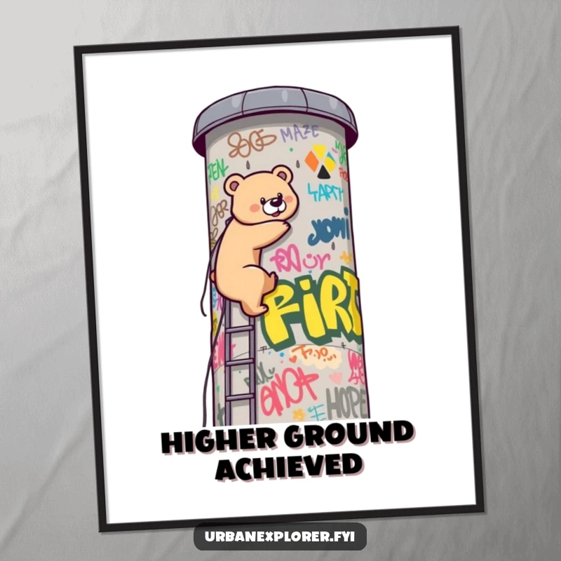 Funny Kawaii bear, in a bold ascent up a graffiti water tower, captured in this humorous and vibrant digital art print. Motivational decor.