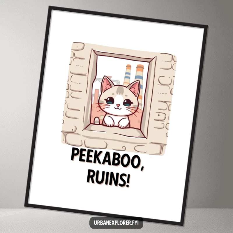 Funny kawaii cat peeking through a broken window of an old factory, as a digital art print, ready to be downloaded for a funny gift.