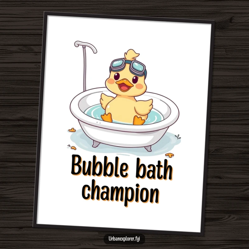 Funny Kawaii duck wearing goggles, happily floating in a bathtub, as a digital art print for home decor.
