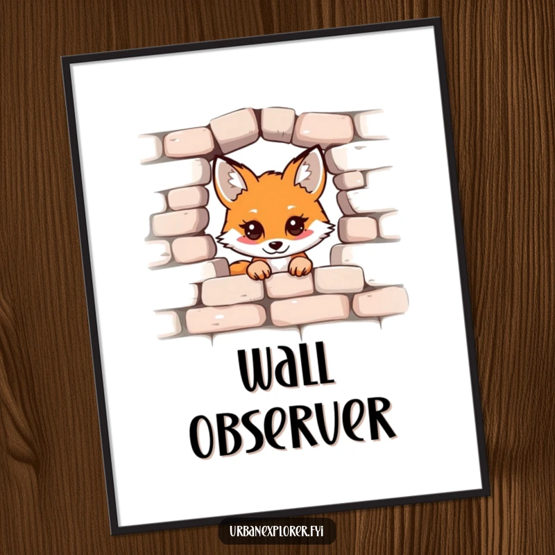 Funny Kawaii Fox Digital Art Print, cute fox peeking over a brick wall, downloadable illustration, ideal funny gift.