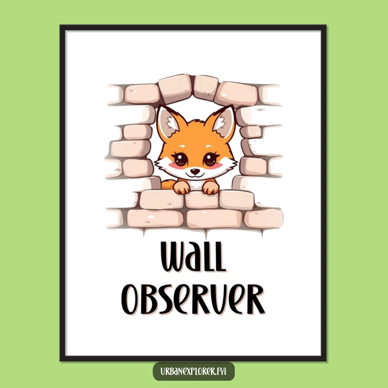 Funny Kawaii Fox Digital Art: Peek-a-Boo Brick Wall Downloadable Print, Perfect Funny Gift