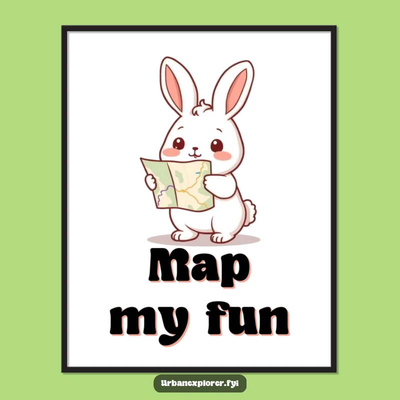 Funny Kawaii Rabbit Map Digital Art: Adventure Ahead Scene, Instant Decor Gift