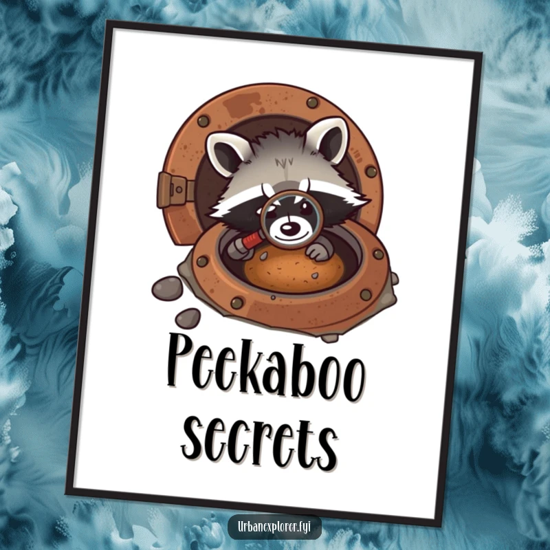 Funny kawaii digital art of a raccoon using a magnifying glass to investigate a rusty manhole, exuding cute curiosity.